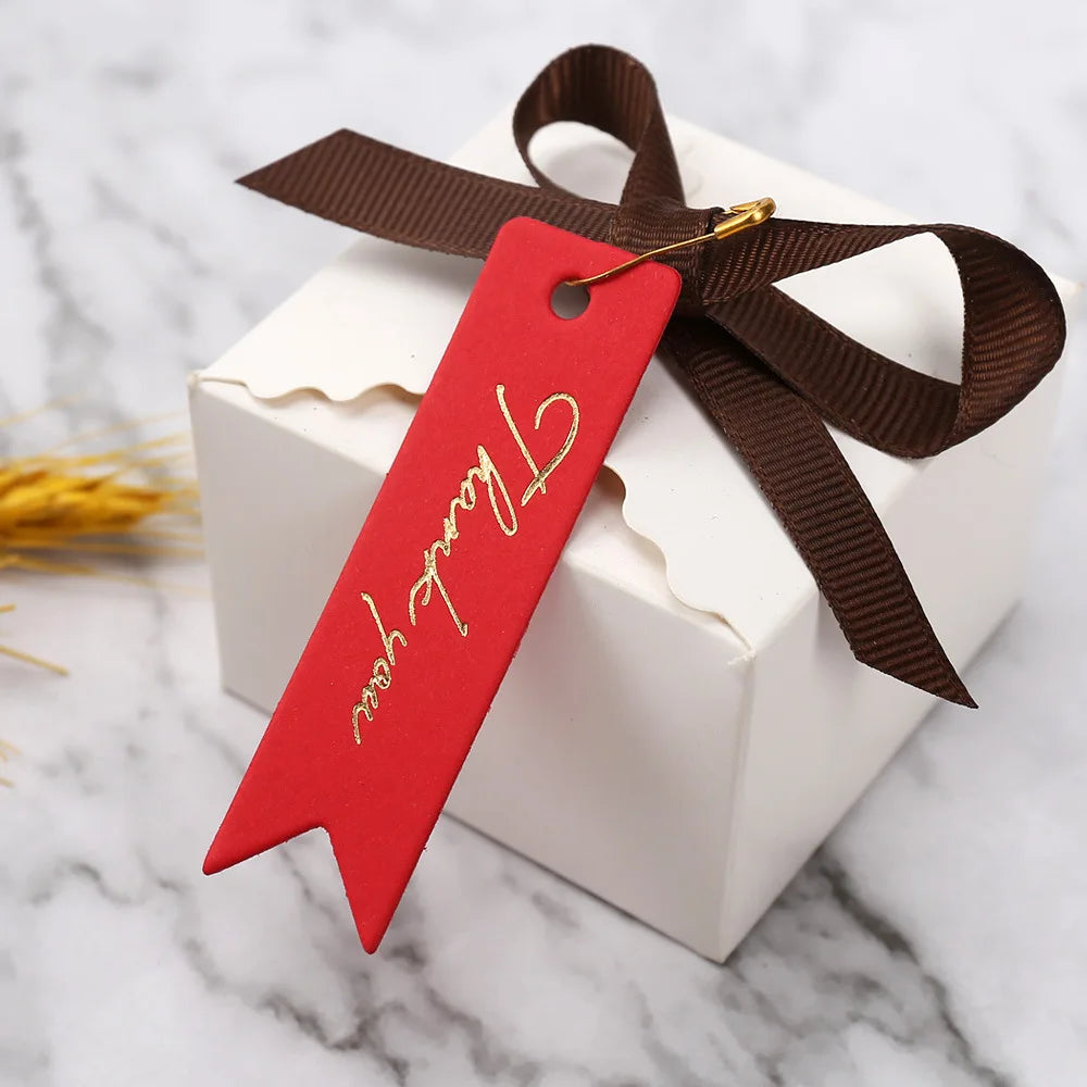 Gift Tags Thank You Cards 50pcs 7x2cm White Kraft Black Red Paper Labels Wedding Birthday Christmas Party Packaging Supplies