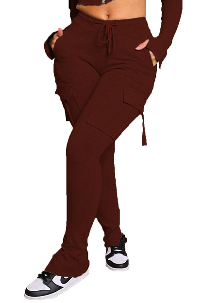 Cargo Pant Women Long Pants Sexy Slim Fit Casual Drawstring Splice Button Pocket Straight Trousers Lace Up High Elastic Waist