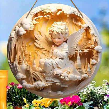 1pc, 2D Nativity Angel Wings Castle Baptism Hope Wooden 20cm/7.87inch Round-shaped Hanging Wall or Door Decor, Thanksgiving