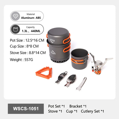 Widesea Portable Camping Cookware Set Aluminum  1.3L Pot 440ML Cup Stove Cutlery Set Bracket for Outdoor Cooking Hiking Backpack