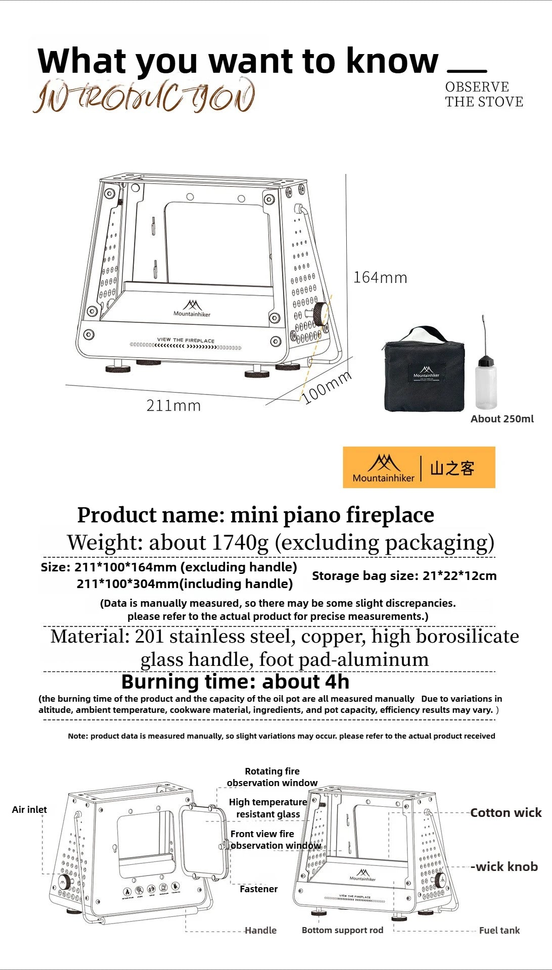MOUNTAINHIKER Outdoor Camping Portable Burning Platform Stainless Steel Mini Firewood Stove Lightweight Small Observation Stove