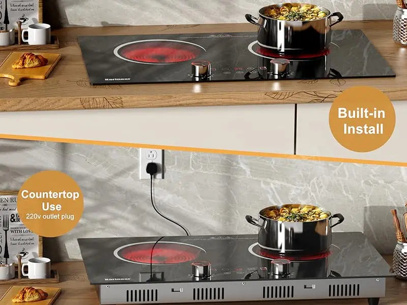 Karinear Ceramic hob 2 Zones with Plug, 3200W, 60cm Portable or Built-in Installation, Touch and Knobs Control, Infrared heating