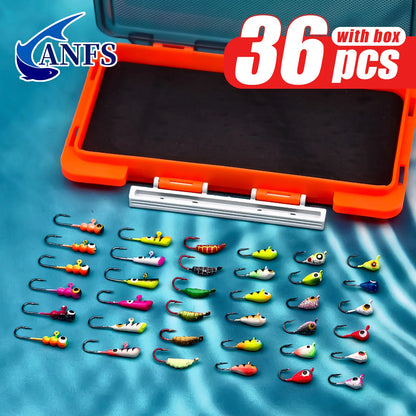 ANFS Ice Fishing Jigs Kit Ice Fishing Lures for Walleye Perch Jigs Heads for Ice Fishing Tackle Panfish Crappie Jigs 36pcs