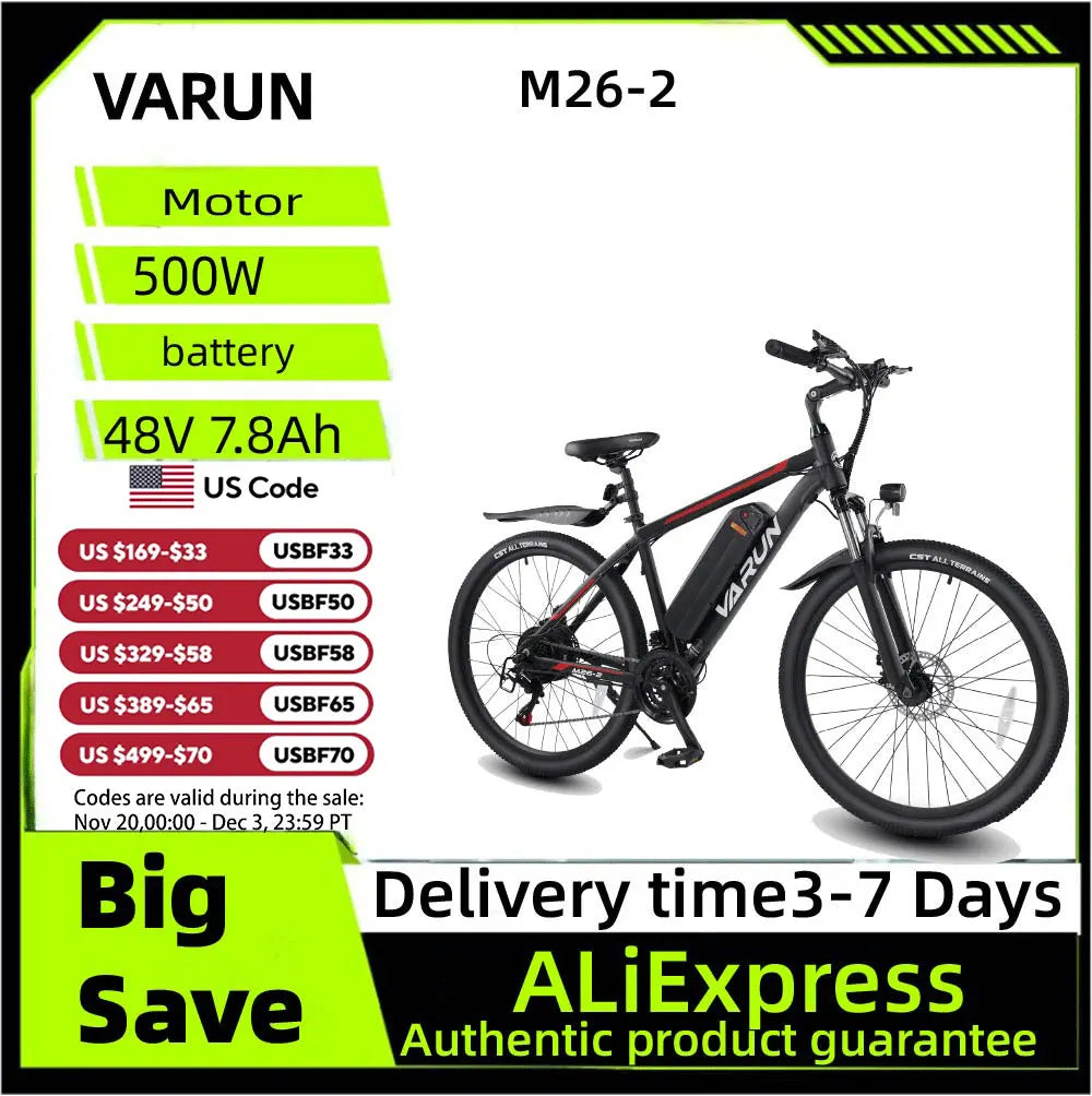 VARUN M26-2 Adult E-Mountain Bike 250W 48V13AH Urban commuting Electric Bicycle 27.5" Fat Tire E Bike