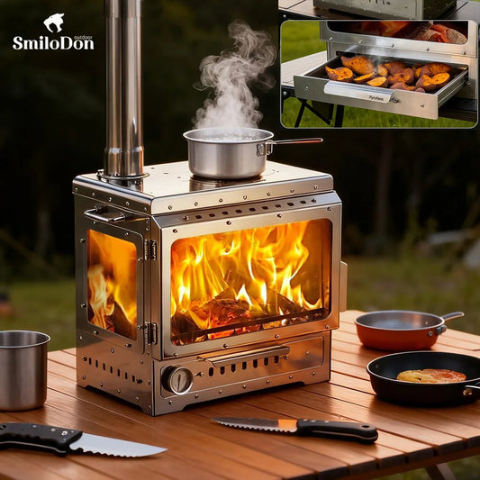 Portable Wood Stove 430 Stainless Triple-Sided Fire View Camping Tent Stove BBQ Grill Oven Outdoor Heater Thermometer SmiloDon