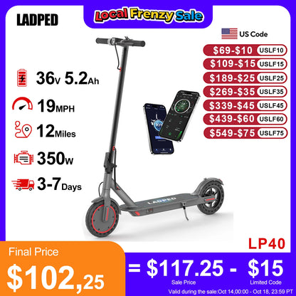 LADPED LP40 Electric Scooter 350W 19mph APP Smart Control 4 Speed Modes Foldable Electric Scooter 16miles Max Range for Adult