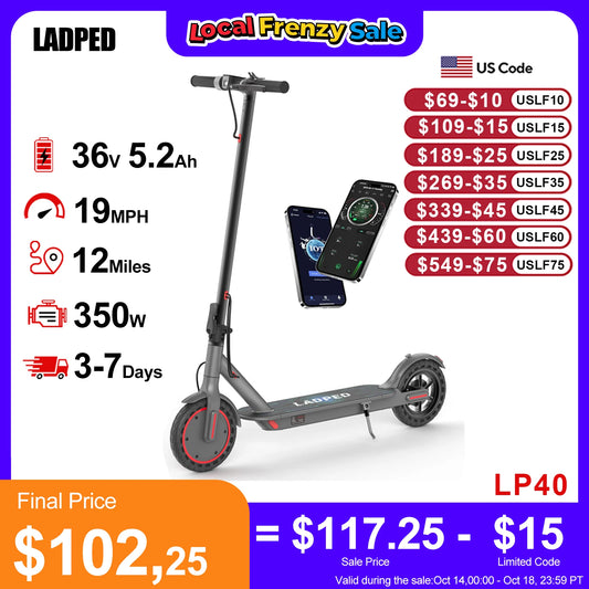 LADPED LP40 Electric Scooter 350W 19mph APP Smart Control 4 Speed Modes Foldable Electric Scooter 16miles Max Range for Adult