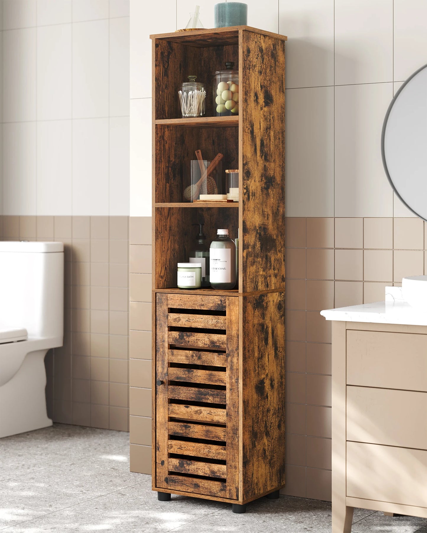 VASAGLE Bathroom Floor Cabinet, Tall Bathroom Storage Cabinet Unit, with 3 Open Compartments and 2 Adjustable Shelves