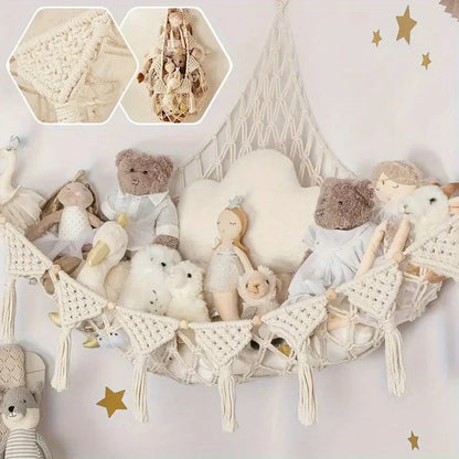 Plush doll storage hanging net - corner with heart-shaped hollow design and tassel, baby room, Christmas/Thanksgiving decoration