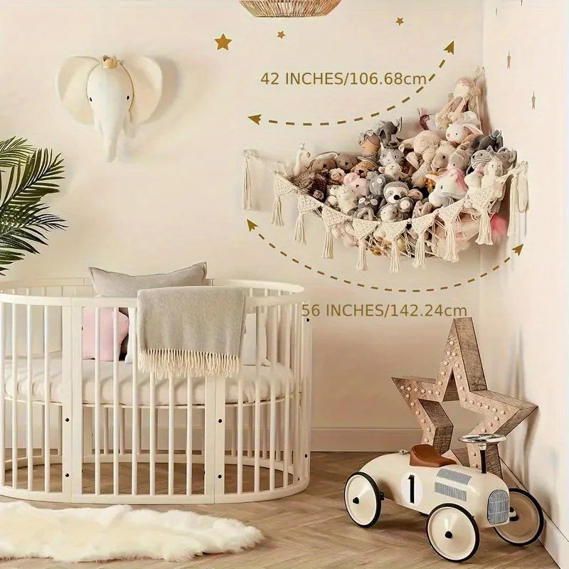 Plush doll storage hanging net - corner with heart-shaped hollow design and tassel, baby room, Christmas/Thanksgiving decoration