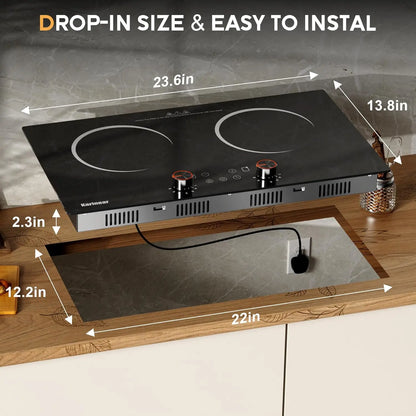 Karinear Ceramic hob 2 Zones with Plug, 3200W, 60cm Portable or Built-in Installation, Touch and Knobs Control, Infrared heating