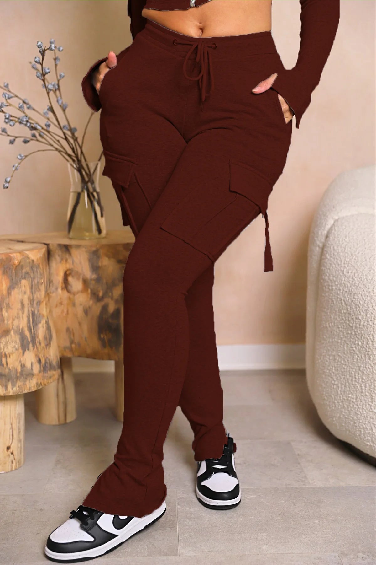 Cargo Pant Women Long Pants Sexy Slim Fit Casual Drawstring Splice Button Pocket Straight Trousers Lace Up High Elastic Waist