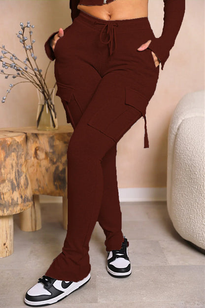 Cargo Pant Women Long Pants Sexy Slim Fit Casual Drawstring Splice Button Pocket Straight Trousers Lace Up High Elastic Waist