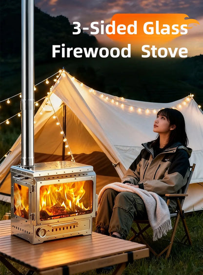 Portable Wood Stove 430 Stainless Triple-Sided Fire View Camping Tent Stove BBQ Grill Oven Outdoor Heater Thermometer SmiloDon