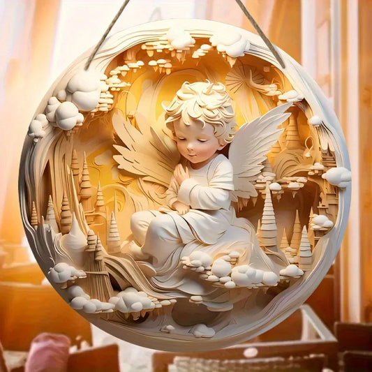 1pc, 2D Nativity Angel Wings Castle Baptism Hope Wooden 20cm/7.87inch Round-shaped Hanging Wall or Door Decor, Thanksgiving