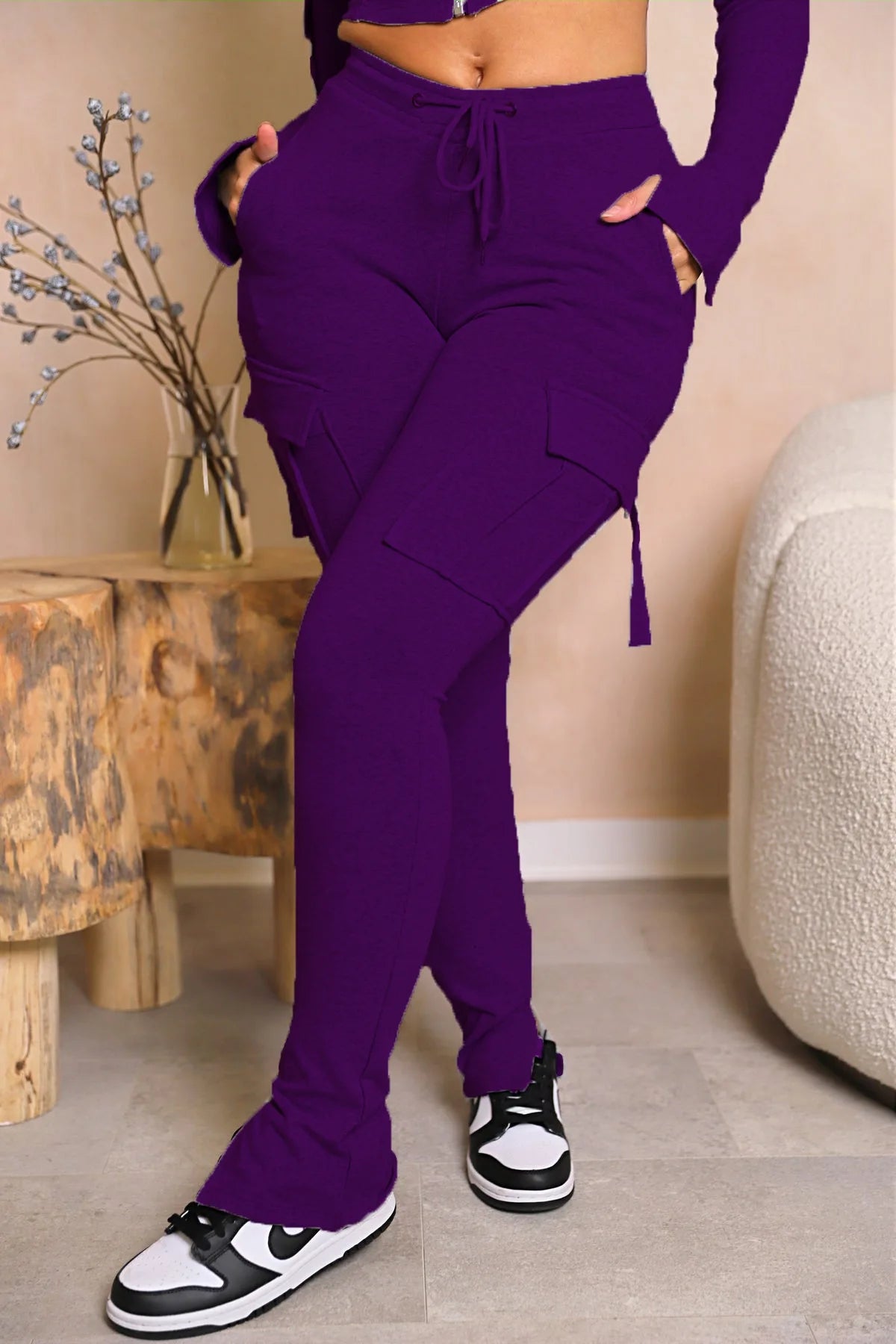 Cargo Pant Women Long Pants Sexy Slim Fit Casual Drawstring Splice Button Pocket Straight Trousers Lace Up High Elastic Waist