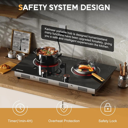 Karinear Ceramic hob 2 Zones with Plug, 3200W, 60cm Portable or Built-in Installation, Touch and Knobs Control, Infrared heating