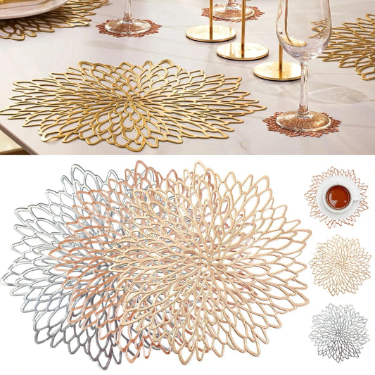PVC Placemats Metallic Glitter Vinyl Dinning Table Mats Hollow Out Leaf Placemats For Thanksgiving Christmas Holiday Decorative