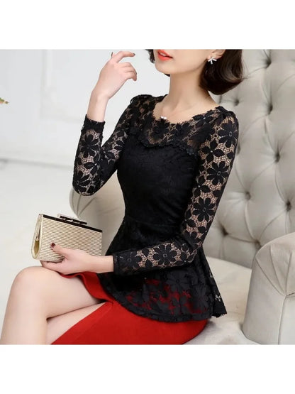 Women blusas blusa longa camisa feminina vintage long sleeve lace blouse plissado topo chemise femme Plus Size S-5XL