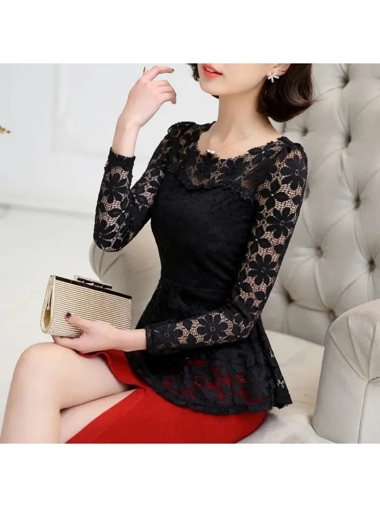 Women blusas blusa longa camisa feminina vintage long sleeve lace blouse plissado topo chemise femme Plus Size S-5XL