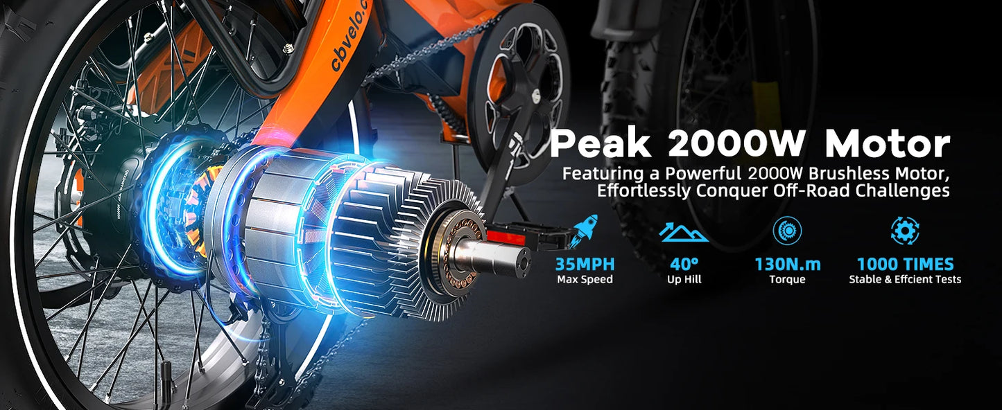 Cybervelo EK6 Peak 2000W 20"x4.0” Fat Tire Folding Electric Bike, 35MPH 100Miles ,48V 25Ah Build-in Battery, Foldable Ebike