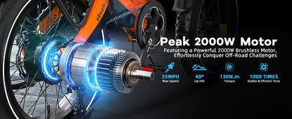 Cybervelo EK6 Peak 2000W 20"x4.0” Fat Tire Folding Electric Bike, 35MPH 100Miles ,48V 25Ah Build-in Battery, Foldable Ebike