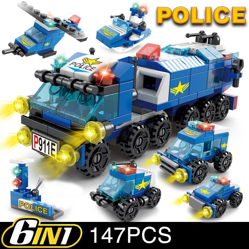 6in1 NEW Police Sports Car Fire Engineering Engine Mini Loader Truck Classic Model Building Blocks Sets Bricks Toy City