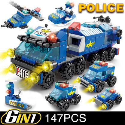 6in1 NEW Police Sports Car Fire Engineering Engine Mini Loader Truck Classic Model Building Blocks Sets Bricks Toy City