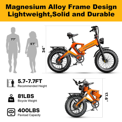 Cybervelo EK6 Peak 2000W 20"x4.0” Fat Tire Folding Electric Bike, 35MPH 100Miles ,48V 25Ah Build-in Battery, Foldable Ebike