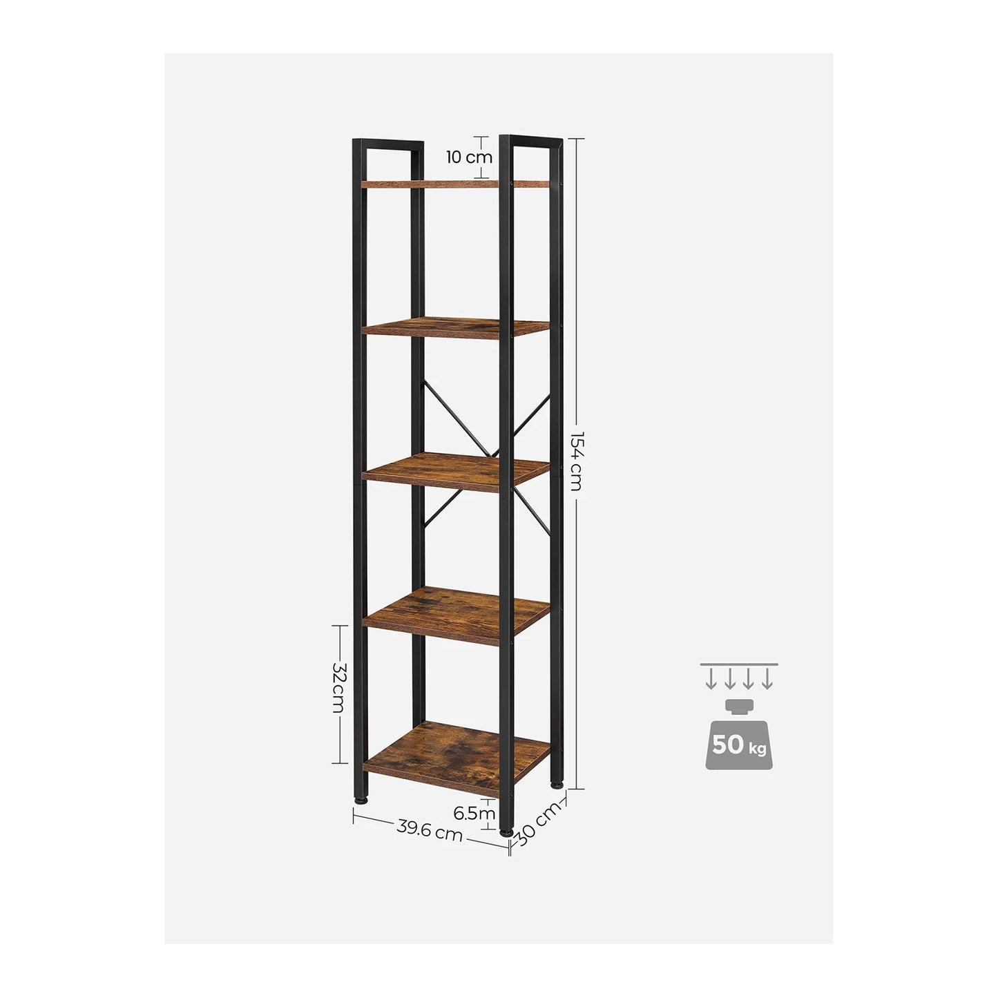 VASAGLE LLS100B01 5 Tier Bookcase Storage Unit for Office, Living Room, Bedroom, 30 x 39.5 x 154 cm, Industrial Style