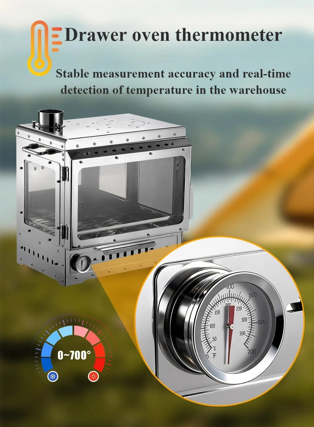 Portable Wood Stove 430 Stainless Triple-Sided Fire View Camping Tent Stove BBQ Grill Oven Outdoor Heater Thermometer SmiloDon