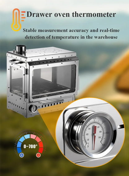 Portable Wood Stove 430 Stainless Triple-Sided Fire View Camping Tent Stove BBQ Grill Oven Outdoor Heater Thermometer SmiloDon