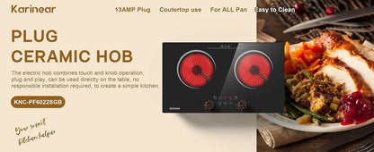 Karinear Ceramic hob 2 Zones with Plug, 3200W, 60cm Portable or Built-in Installation, Touch and Knobs Control, Infrared heating