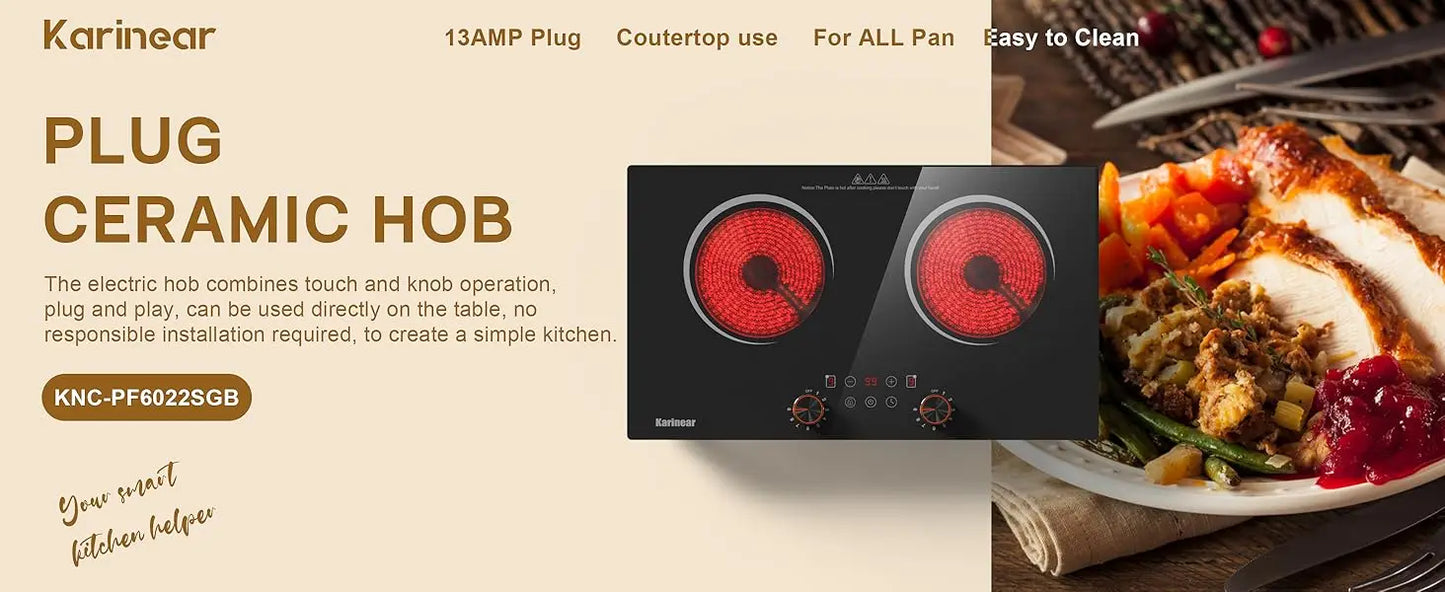 Karinear Ceramic hob 2 Zones with Plug, 3200W, 60cm Portable or Built-in Installation, Touch and Knobs Control, Infrared heating