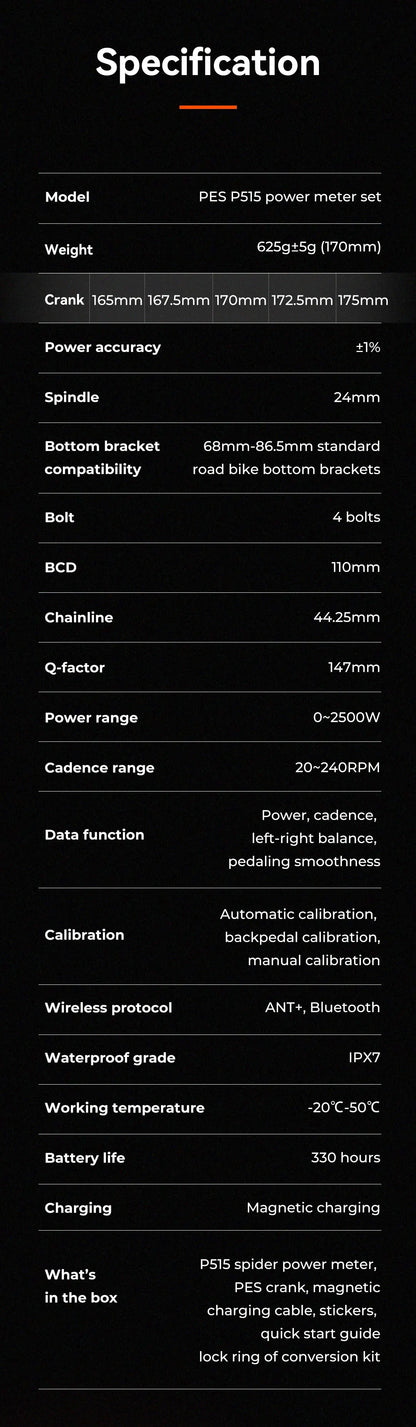 Magene PES P515 Power Meter Set 110 BCD 4 Bolt 24mm Steel Spindle Cycling Spider-Based Power Meter Chainring for Shimano Sram
