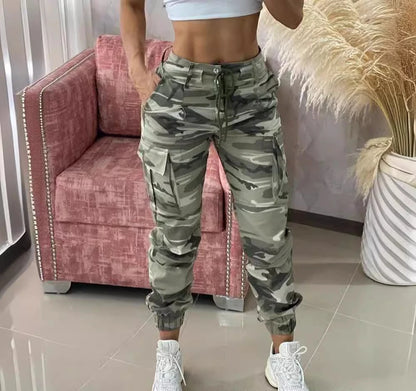 Cargo Pants for Women Camouflage Print Drawstring Pocket Design Pant 2024 Spring Casual High Waist Daily Cuffed Long Trousers