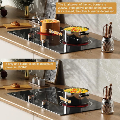 Karinear Ceramic hob 2 Zones with Plug, 3200W, 60cm Portable or Built-in Installation, Touch and Knobs Control, Infrared heating