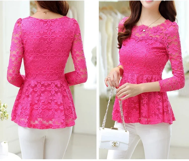 Women blusas blusa longa camisa feminina vintage long sleeve lace blouse plissado topo chemise femme Plus Size S-5XL