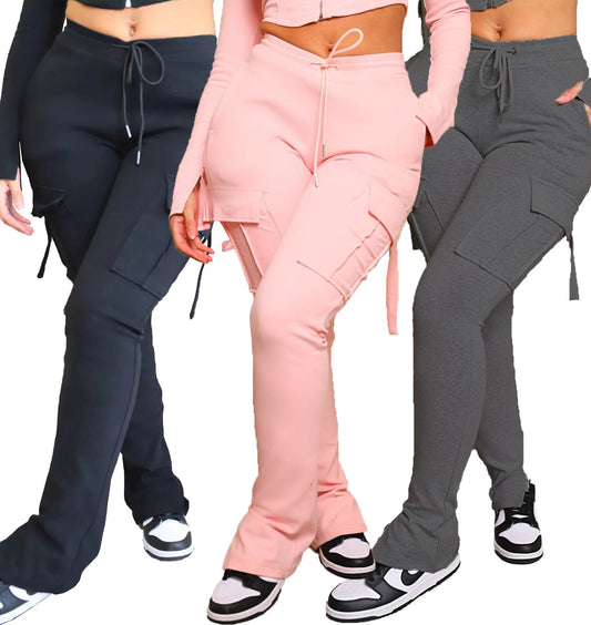 Cargo Pant Women Long Pants Sexy Slim Fit Casual Drawstring Splice Button Pocket Straight Trousers Lace Up High Elastic Waist