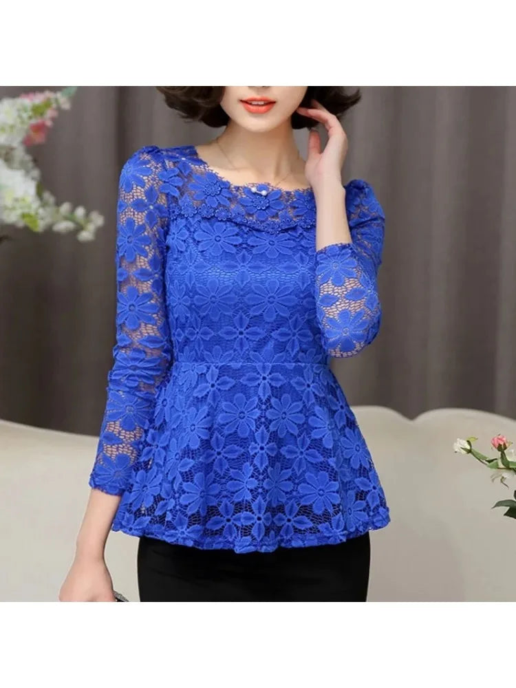 Women blusas blusa longa camisa feminina vintage long sleeve lace blouse plissado topo chemise femme Plus Size S-5XL