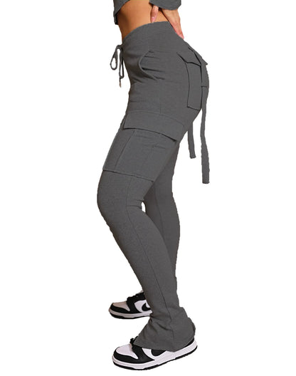 Cargo Pant Women Long Pants Sexy Slim Fit Casual Drawstring Splice Button Pocket Straight Trousers Lace Up High Elastic Waist