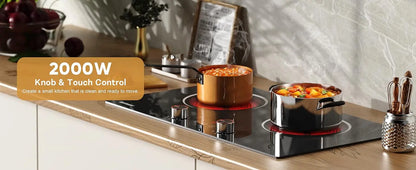 Karinear Ceramic hob 2 Zones with Plug, 3200W, 60cm Portable or Built-in Installation, Touch and Knobs Control, Infrared heating