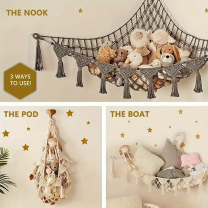 Plush doll storage hanging net - corner with heart-shaped hollow design and tassel, baby room, Christmas/Thanksgiving decoration