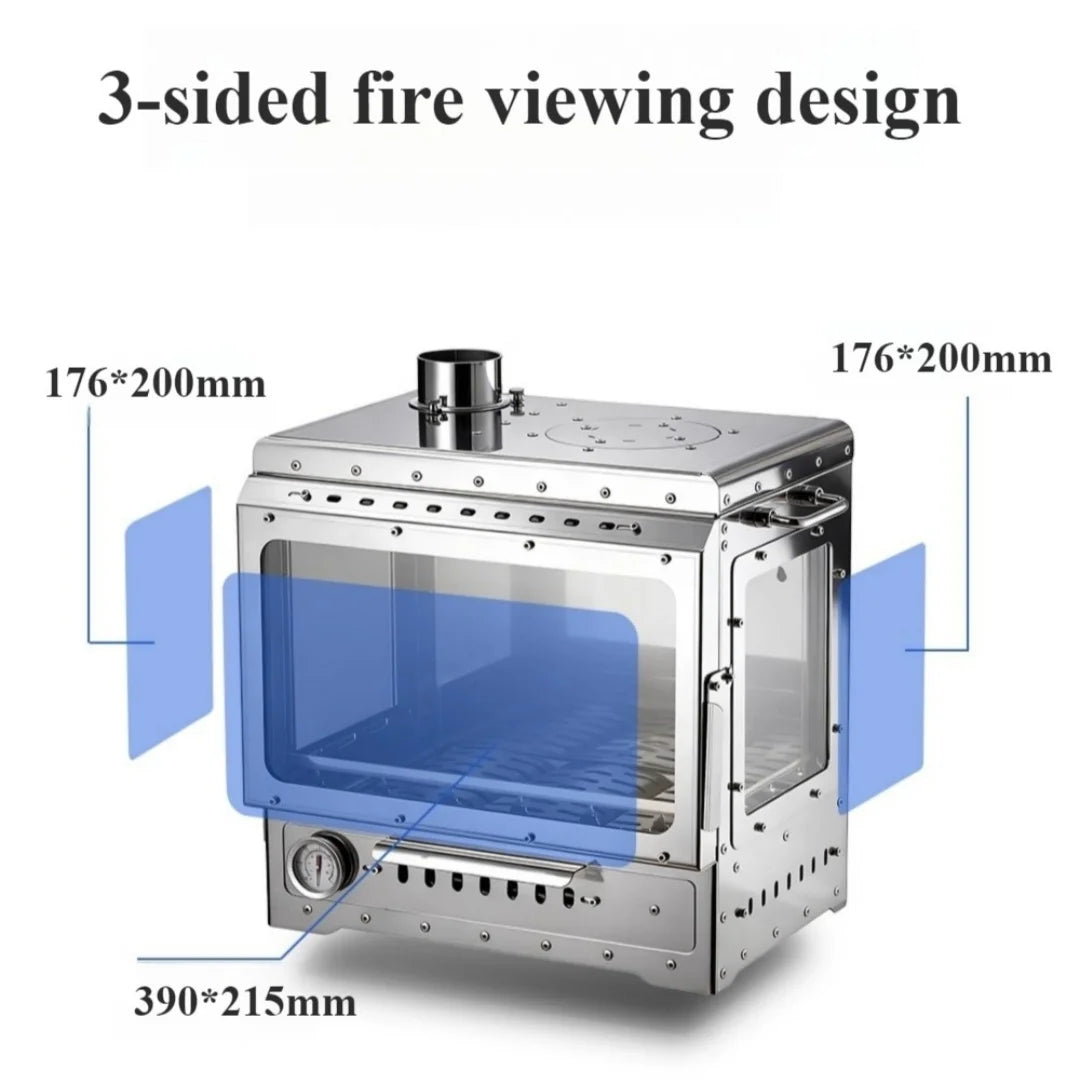 Portable Wood Stove 430 Stainless Triple-Sided Fire View Camping Tent Stove BBQ Grill Oven Outdoor Heater Thermometer SmiloDon