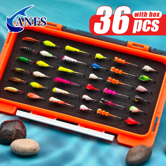 ANFS Ice Fishing Jigs Kit Ice Fishing Lures for Walleye Perch Jigs Heads for Ice Fishing Tackle Panfish Crappie Jigs 36pcs