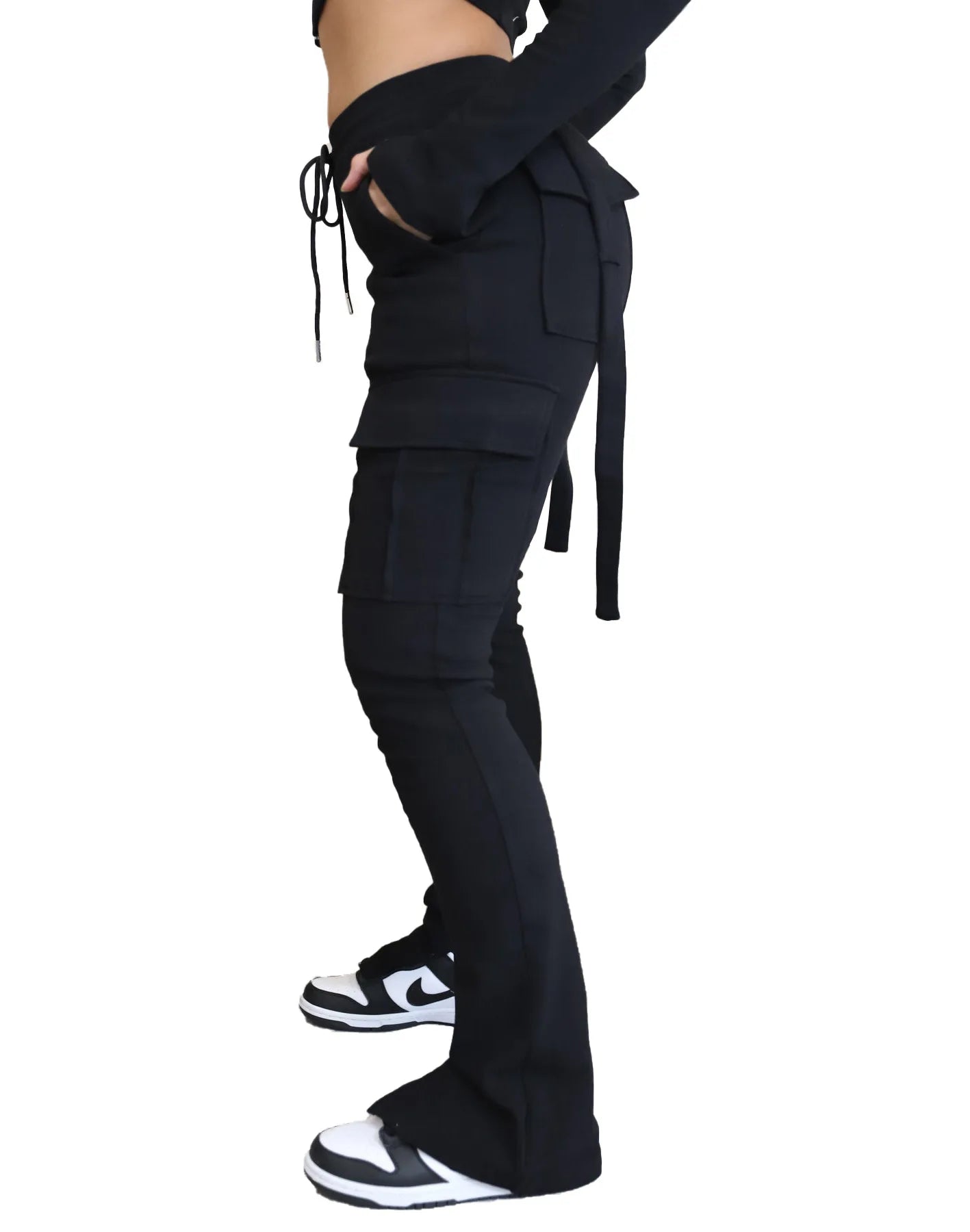 Cargo Pant Women Long Pants Sexy Slim Fit Casual Drawstring Splice Button Pocket Straight Trousers Lace Up High Elastic Waist