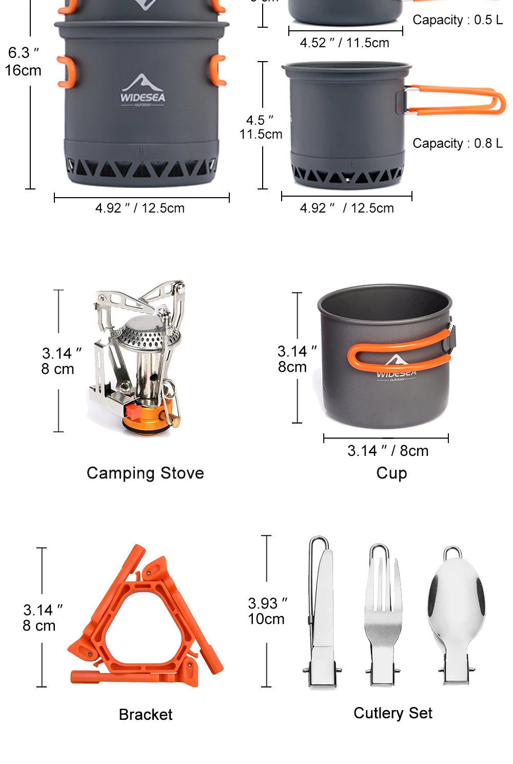 Widesea Portable Camping Cookware Set Aluminum  1.3L Pot 440ML Cup Stove Cutlery Set Bracket for Outdoor Cooking Hiking Backpack