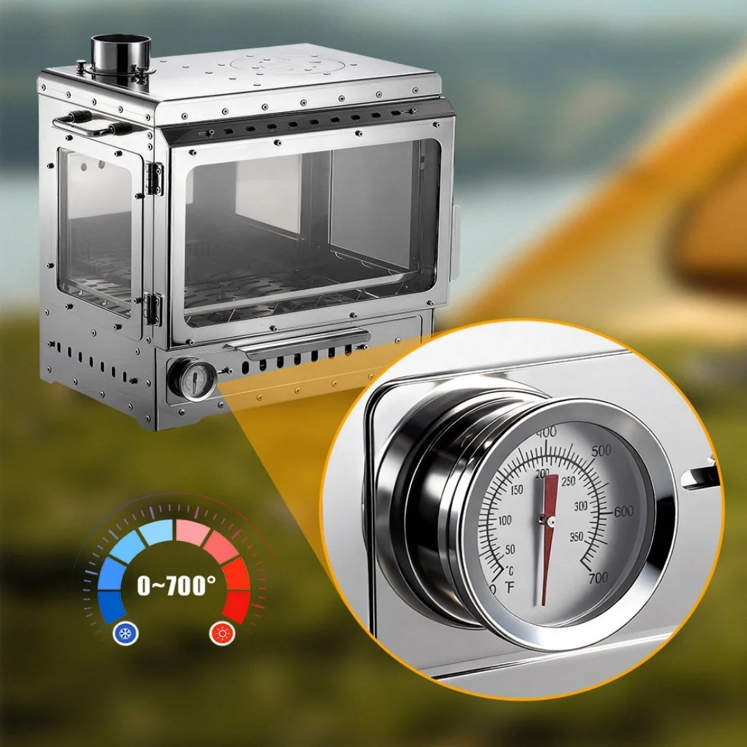 Portable Wood Stove 430 Stainless Triple-Sided Fire View Camping Tent Stove BBQ Grill Oven Outdoor Heater Thermometer SmiloDon