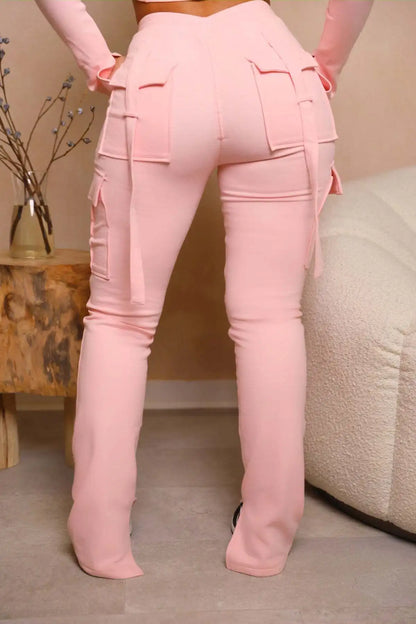 Cargo Pant Women Long Pants Sexy Slim Fit Casual Drawstring Splice Button Pocket Straight Trousers Lace Up High Elastic Waist