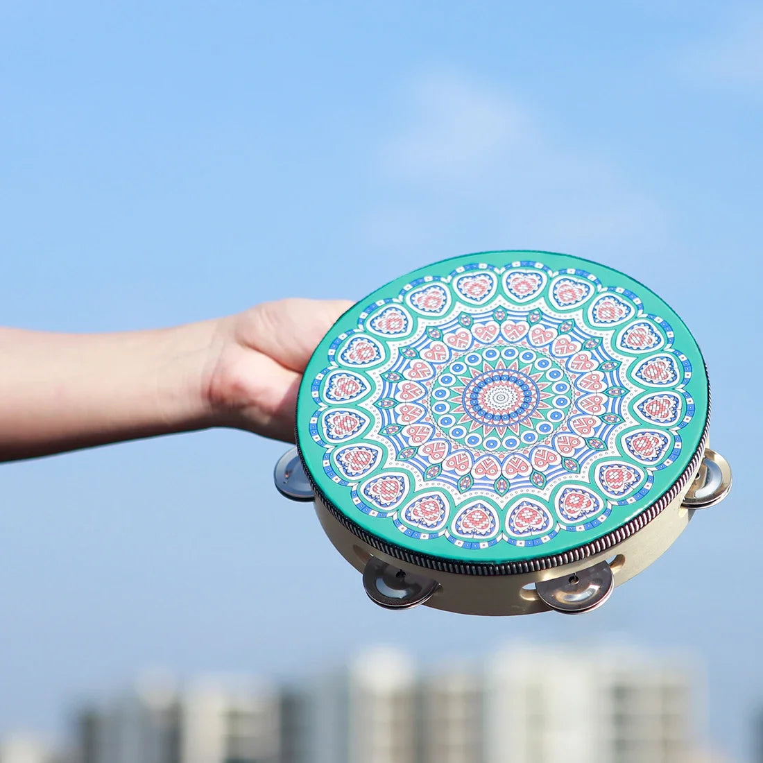 8 Inch Tambourine Bell Hand Drum Dunhuang Style Stainless Steel Bells Drums Percussion Musical Instruments Orff Children Gift